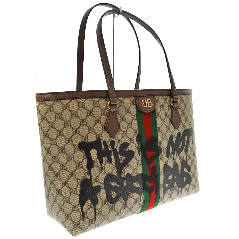 BALENCIAGA The Hacker Tote Bag Shoulder Gucci Collaboration Beige Brown Paint